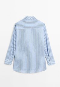 Blue striped long-sleeve shirt featuring a classic collar, button cuffs, a curved hem, and thin vertical stripes with red accents.