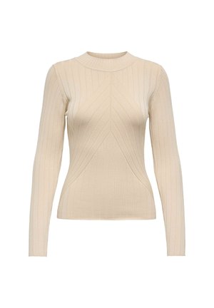 Beige ribbelbrei trui met lange mouwen, een getailleerd silhouet en chevronpatroondetails aan de voorkant.