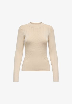 Bež prugast pleten pulover z dolgimi rokavi, prilegajoča silhueta in detajli v črti na sprednji strani.