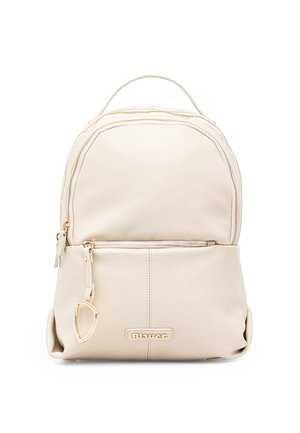 Piccolo zaino in pelle color crema con cerniere dorate, tasca frontale, maniglia superiore e targhetta con logo Blauer sulla parte anteriore inferiore.