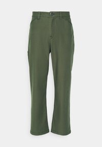 Olive green cotton pants with a straight cut, button closure, belt loops, front pockets, and additional side pocket for utility.