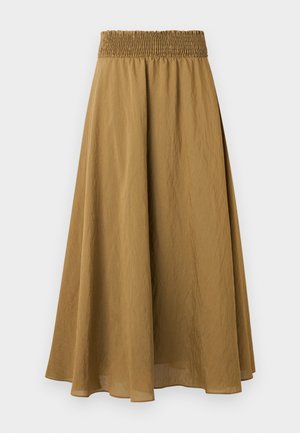 Fustă midi maro, croială A, cu talie elastică adunată și material ușor texturat pe un fundal simplu.