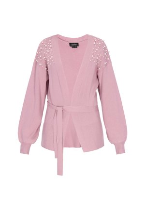 Cardigan roz deschis cu mâneci lungi, textură ribbed, talie accentuată cu curea și detalii perle pe umeri. Design cu deschidere frontală, finisaj neted.