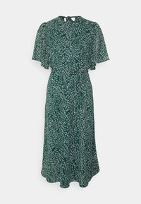 Vihreä kukkamekko, jossa on lyhyet liehuvat hihat, pyöreä kaula-aukko, nauhavyötärö, keskipitkä helma ja kierretty lehtikuvio kermaan. 