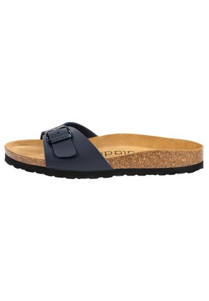 Blauer Rutschsandale mit strukturiertem Kork-Fußbett, Gummisohle und einem einzelnen Riemen mit Schnallenakzent. Glattes synthetisches Obermaterial.