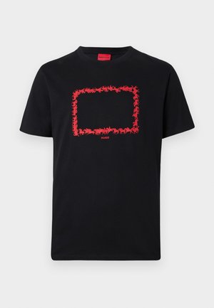 Black short-sleeve t-shirt with a red rectangular graphic made of small insect shapes and a small "HUGO" logo below the rectangle.