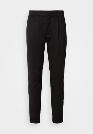 Pantaloni negri, croiți pe măsură, cu față dreaptă, buzunare laterale și o textură a materialului netedă. Design cu picior drept și închidere cu nasture.