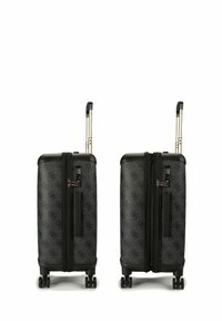 Valigia rigida nera con motivo in rilievo, doppio scomparto con cerniere, manico telescopico e quattro ruote per la mobilità.