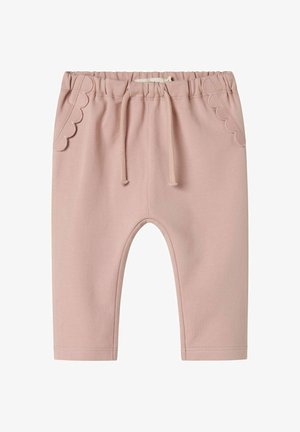 Lyserøde bomulds-sweatpants med en scallopped design på lommerne og en elastisk linning med snor. Blød tekstur, afslappet pasform.