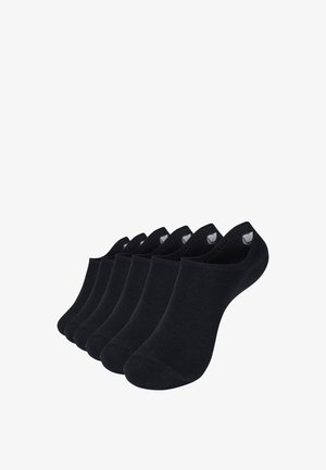 Sechs Paar schwarze, niedrig geschnittene, unsichtbare Socken, in einer Reihe auf weißem Hintergrund angeordnet.