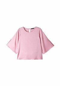 Blusa rosa a maniche corte con maniche a campana, scollatura rotonda e apertura a chiave sulla schiena. Tessuto liscio, vestibilità casual e design semplice.