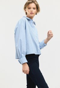 Blauw-wit gestreept overhemd met knopen en een cropped ontwerp, lange mouwen en manchetten, gecombineerd met donkere broeken.