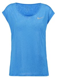 Light blue Nike t-shirt, short sleeves, soft texture, scoop neck, casual fit, features a small silver logo on the upper left.