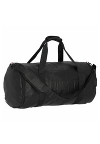 Borsa a duffel nera con forma cilindrica, realizzata in tessuto resistente, dotata di doppie maniglie superiori, una tracolla removibile e una chiusura a zip.