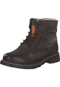 Brown leather ankle boot with a textured finish, featuring an orange accent, lace-up design, and rugged sole for traction.
