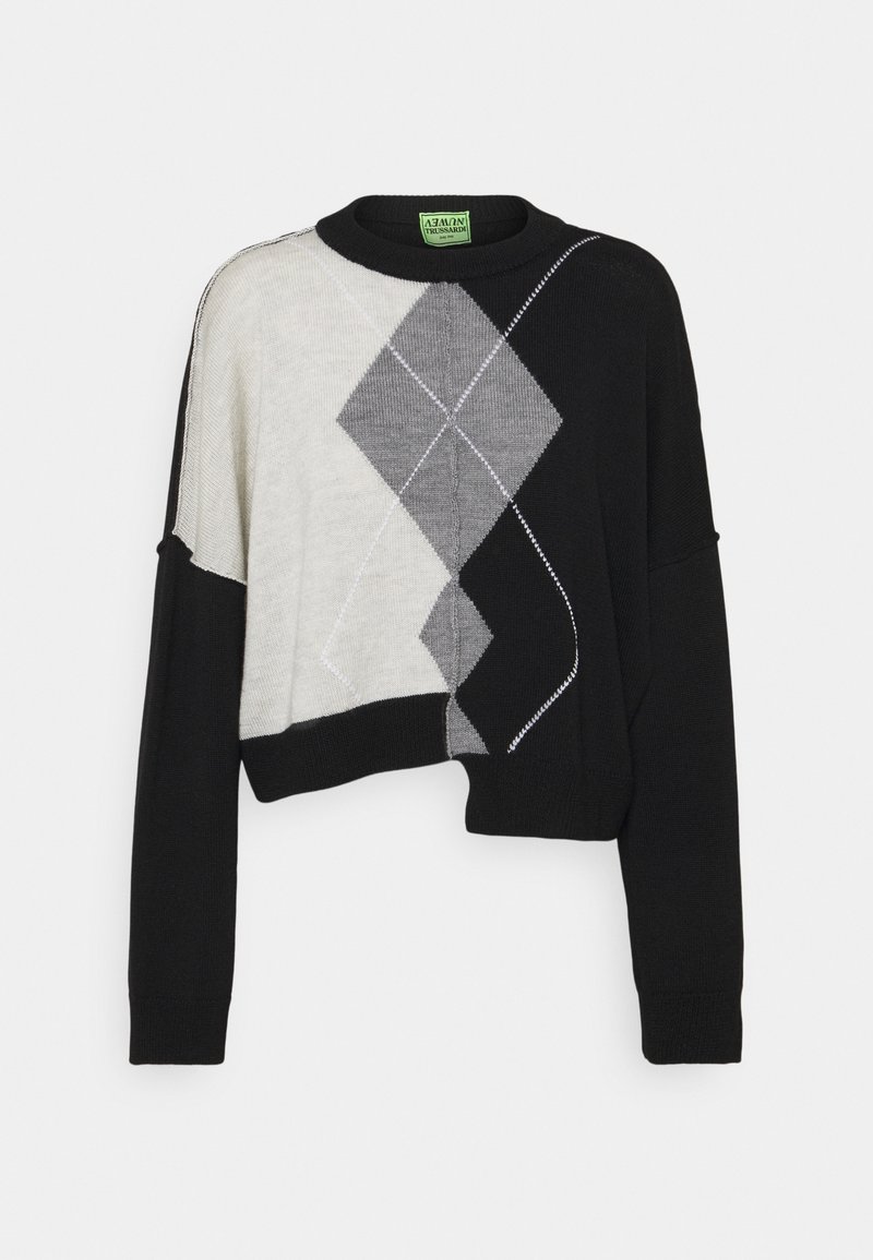 Jersey cortado en negro y gris con un patrón de diamantes, que presenta un cuello redondo y mangas largas. Material de punto suave con texturas contrastantes.