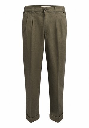 Khaki trousers with a textured finish, featuring two front pleats, a button closure, and rolled cuffs. Classic cut with belt loops.