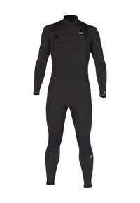 Black full-body wetsuit with long sleeves, knee pads, chest zipper pocket, and high neck collar, designed for water sports.