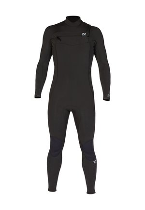 Black full-body wetsuit with long sleeves, knee pads, chest zipper pocket, and high neck collar, designed for water sports.