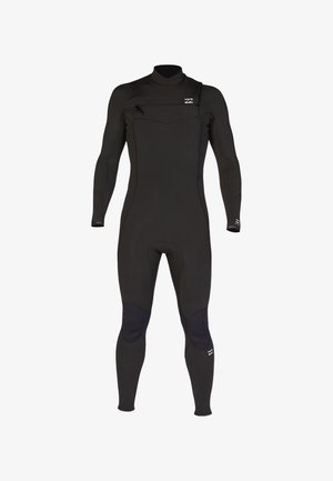 Black full-body wetsuit with long sleeves, knee pads, chest zipper pocket, and high neck collar, designed for water sports.