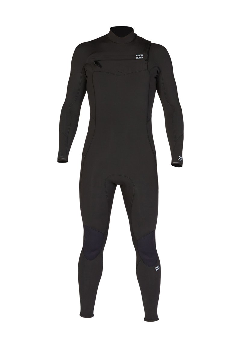 Black full-body wetsuit with long sleeves, knee pads, chest zipper pocket, and high neck collar, designed for water sports.
