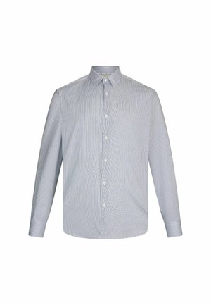 Camisa de manga larga, a rayas verticales en azul y blanco, con cuello clásico y tejido ligero. Presenta botones frontales y puños.
