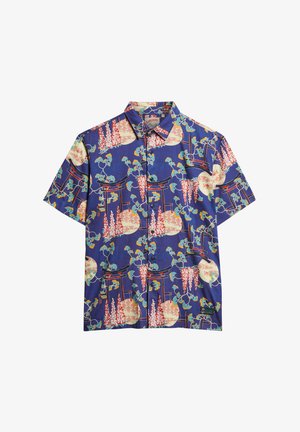 Korte mouw knoopshirt van blauwe stof met een bloemen- en architectuurpatroon in meerdere kleuren, voorzien van een klassieke kraag en zak.