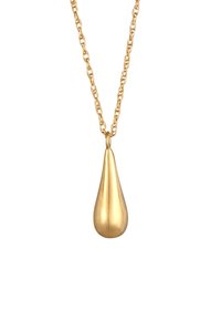 Collier avec pendentif en forme de goutte d'or sur une chaîne. Fini lisse et poli ; le pendentif s'amincit en un point, contrastant avec les maillons de la chaîne texturée.