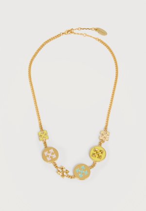 Collana in oro con ciondoli alternati a forma circolare e quadrata, decorati con disegni a quattro frecce in colori pastello.