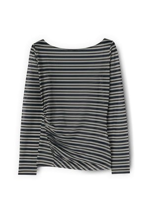 Lang mouwen, zwart-grijs gestreept shirt met een brede halslijn en geplooide stofdetail aan één kant.