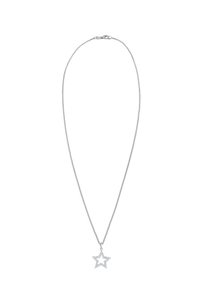 Sølvsmykke med en stjernevedhæng prydet med klare krystaller, der fremhæver et delikat design og en tekstureret overflade.