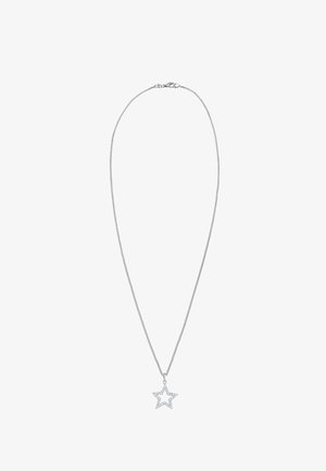 Sølvsmykke med en stjernevedhæng prydet med klare krystaller, der fremhæver et delikat design og en tekstureret overflade.
