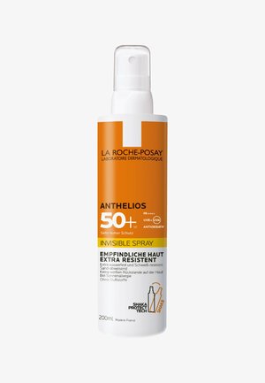 LA ROCHE-POSAY Anthelios Unsichtbares Spray, 200ml, weißer und oranger Flasche mit Pumpe, verfügt über SPF 50+ und behauptet, wasser- und schweißresistent zu sein.