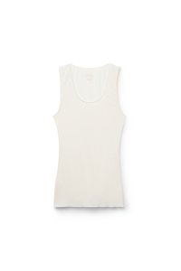 Vit ärmlös linne i mjuk bomull med rund halsringning och åtsittande passform, utan synliga mönster eller logotyper.