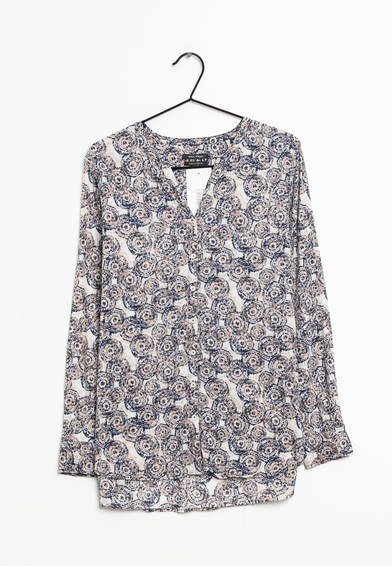 Blusa a maniche lunghe con scollatura a V, caratterizzata da un motivo floreale nei colori navy e beige, in tessuto leggero e con dettagli di bottoni.