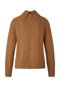 Bruine gebreide trui met een omgeslagen kraag, lange mouwen en een gestructureerd vierkant patroon door de stof.