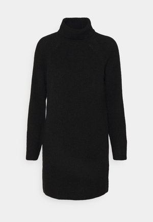 Abito nero in maglia con colletto alto, maniche lunghe e vestibilità comoda. Presenta un tessuto testurizzato e un orlo che arriva a metà coscia.
