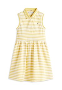 Μαν sleeveless κίτρινο και λευκό ριγέ φόρεμα πόλο με γιακά, τρία κουμπιά και μικρ ό λογότυπο στο στήθος.