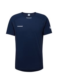 Marineblauwe T-shirt met korte mouwen, gemaakt van vochtafvoerende stof. Kenmerkt zich door subtiele branding en reflecterende accenten op de schouders.