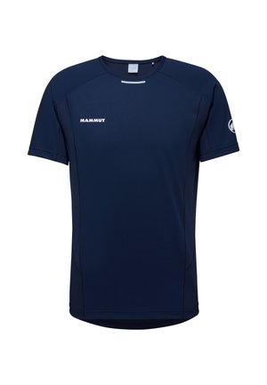 Navy blue short-sleeve T-shirt made from moisture-wicking fabric. Features subtle branding and reflective accents on shoulders.