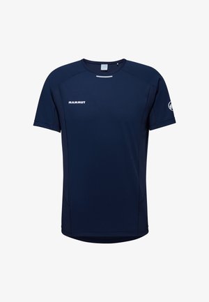 Navy blue short-sleeve T-shirt made from moisture-wicking fabric. Features subtle branding and reflective accents on shoulders.
