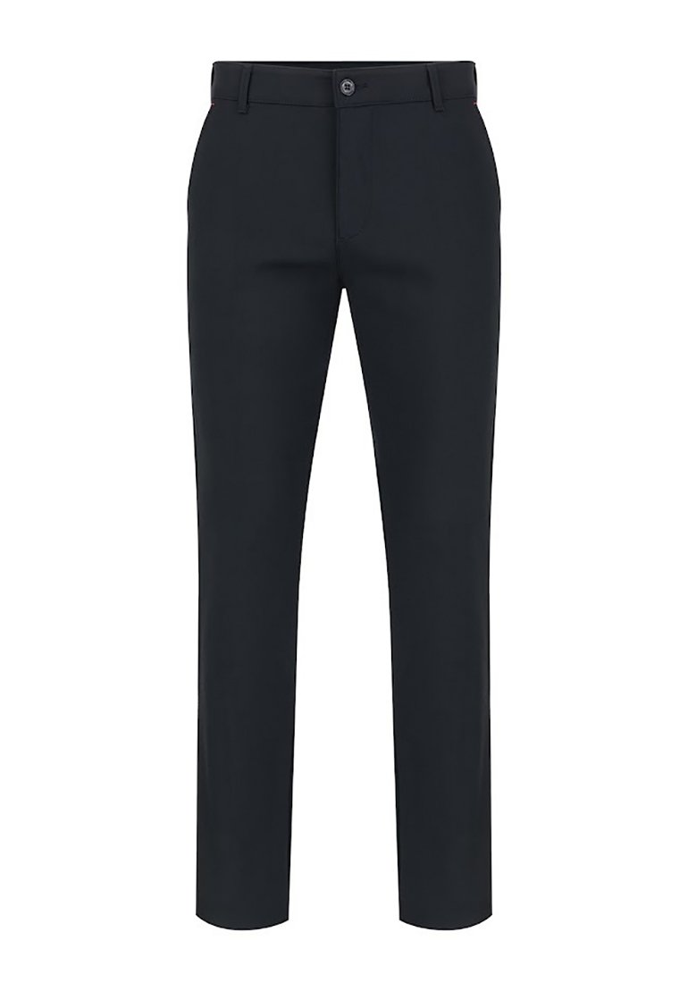 Granatowe spodnie z lekkiego materiału, z płaskim przodem, prostymi nogawkami oraz standardowym zapięciem na guzik. Brak widocznych wzorów lub akcentów.
