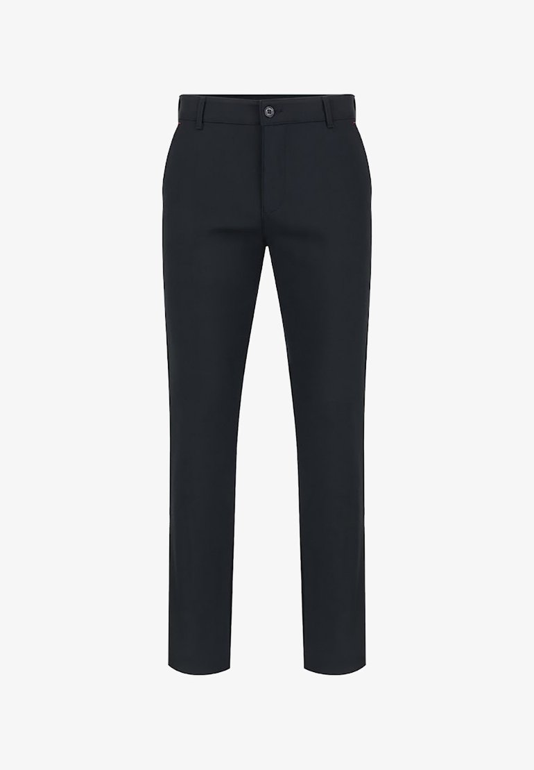 Granatowe spodnie z lekkiego materiału, z płaskim przodem, prostymi nogawkami oraz standardowym zapięciem na guzik. Brak widocznych wzorów lub akcentów.