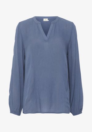 Blauwe blouse met lange mouwen van een lichtgewicht stof, met een V-hals en geplooide manchetten. Gladde textuur met een subtiele glans.