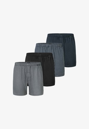 Quatre paires de boxers pour hommes : un gris rayé, un noir uni, un bleu marine rayé, un gris foncé uni. Ceintures élastiques, tissu en coton.