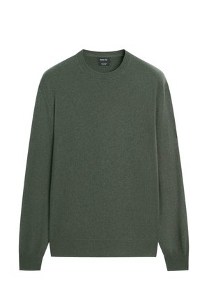 Groene trui met ronde hals, gemaakt van zachte, gestructureerde stof, voorzien van lange mouwen en geribbelde zoom en boorden. Geen zichtbare patronen of accenten.