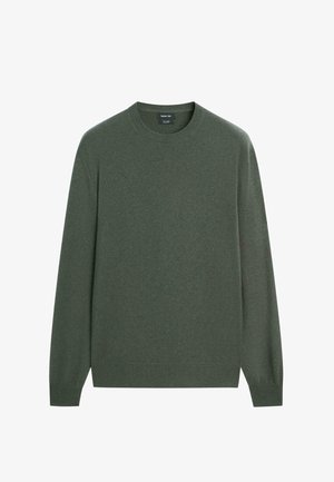 Groene trui met ronde hals, gemaakt van zachte, gestructureerde stof, voorzien van lange mouwen en geribbelde zoom en boorden. Geen zichtbare patronen of accenten.