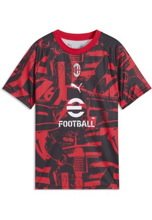 Rød og sort AC Milan fodboldtrøje med abstrakte mønstre, Puma-logo, AC Milan-emblem og teksten "E Football" foran.