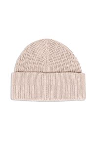 Berretto lavorato a maglia beige chiaro, con una texture a coste, parte superiore arrotondata e risvolto. Realizzato in materiale morbido e elasticizzato.