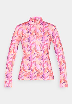 Langermet topp med kvart glidelås i et blomsterdesign med rosa, oransje og lilla. Laget av teksturert, elastisk stoff med en høy krage.